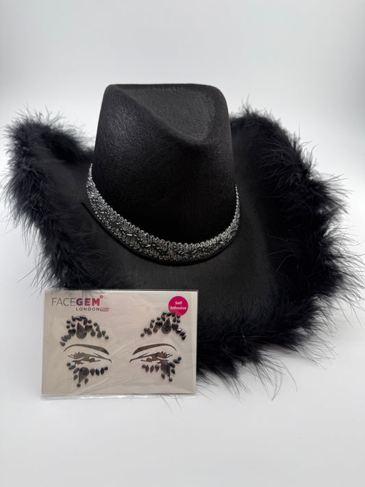 black feather edged cowboy hat black face jewel bundle