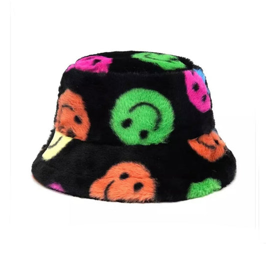 black, bucket hat, fluffy, bright colour smiley faces,