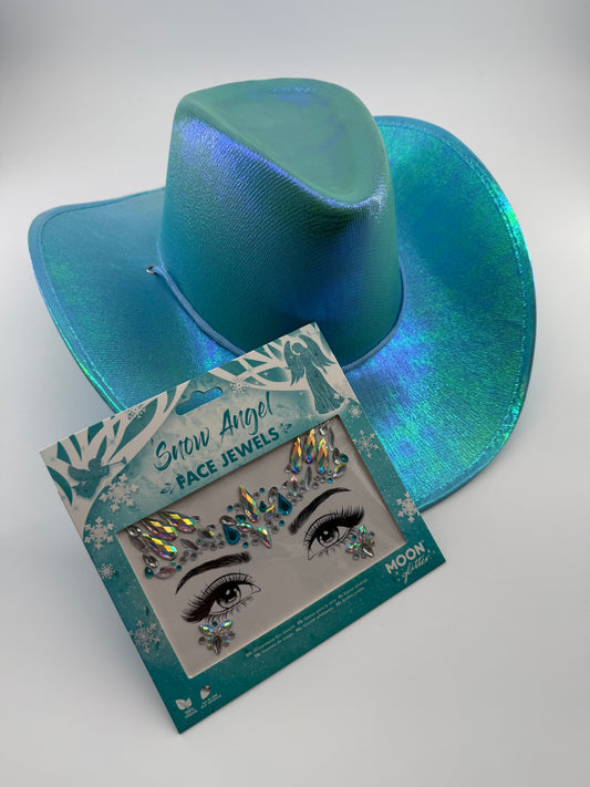 aqua cowboy hat and snow angel face jewels