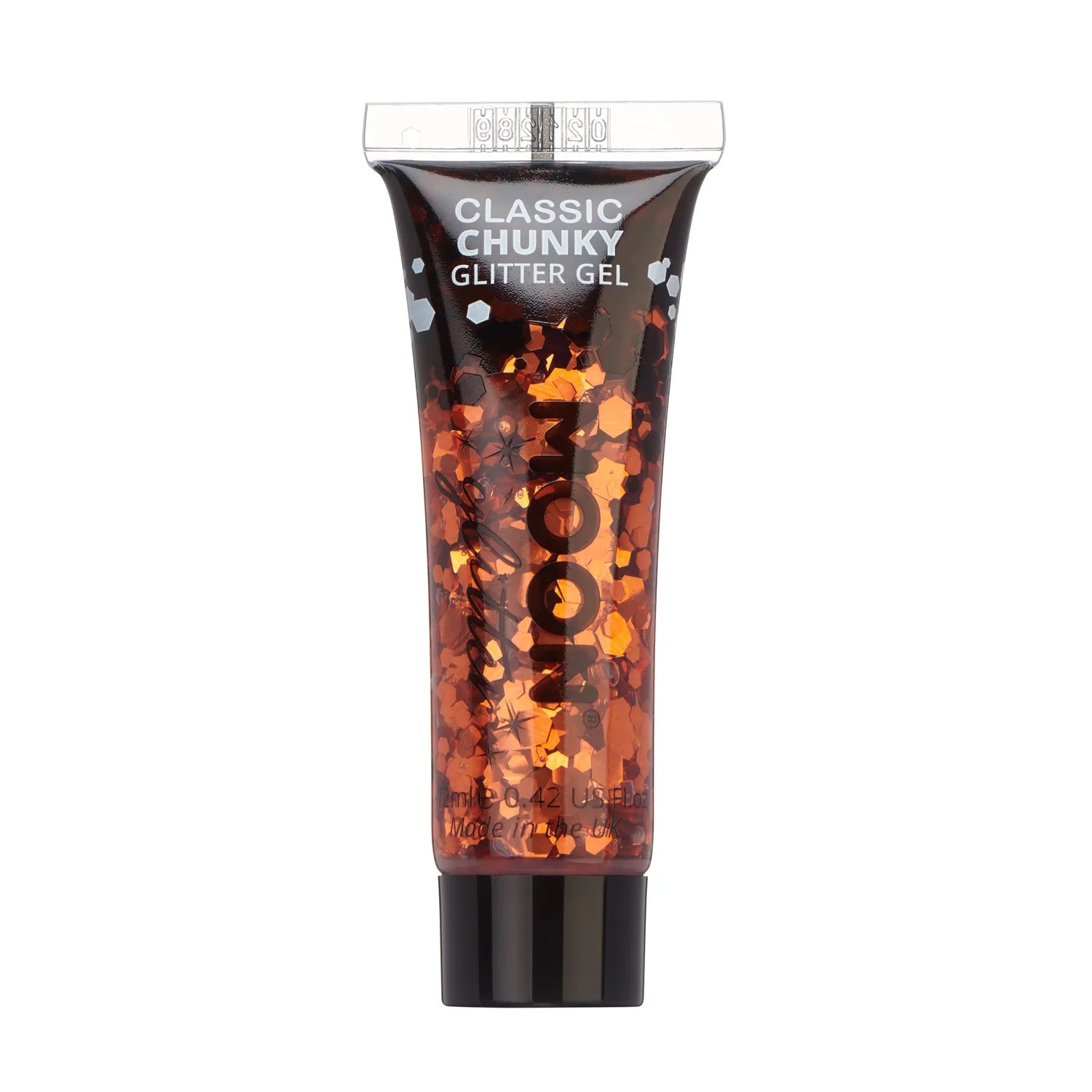 A tube of Classic Chunky Glitter Gel in a copper bronze color with visible glitter particles.