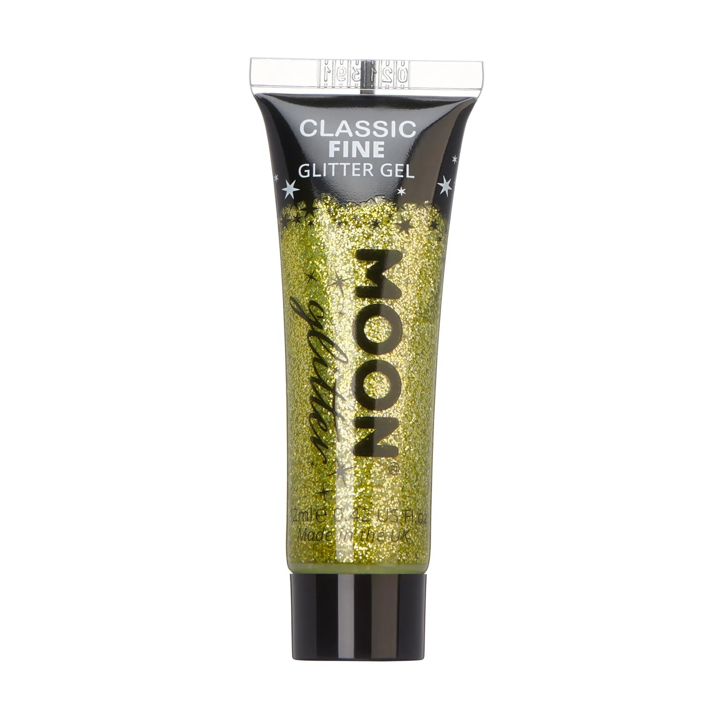 A tube of fine gold glitter gel, with the brand name 'Moon' visible on the label.