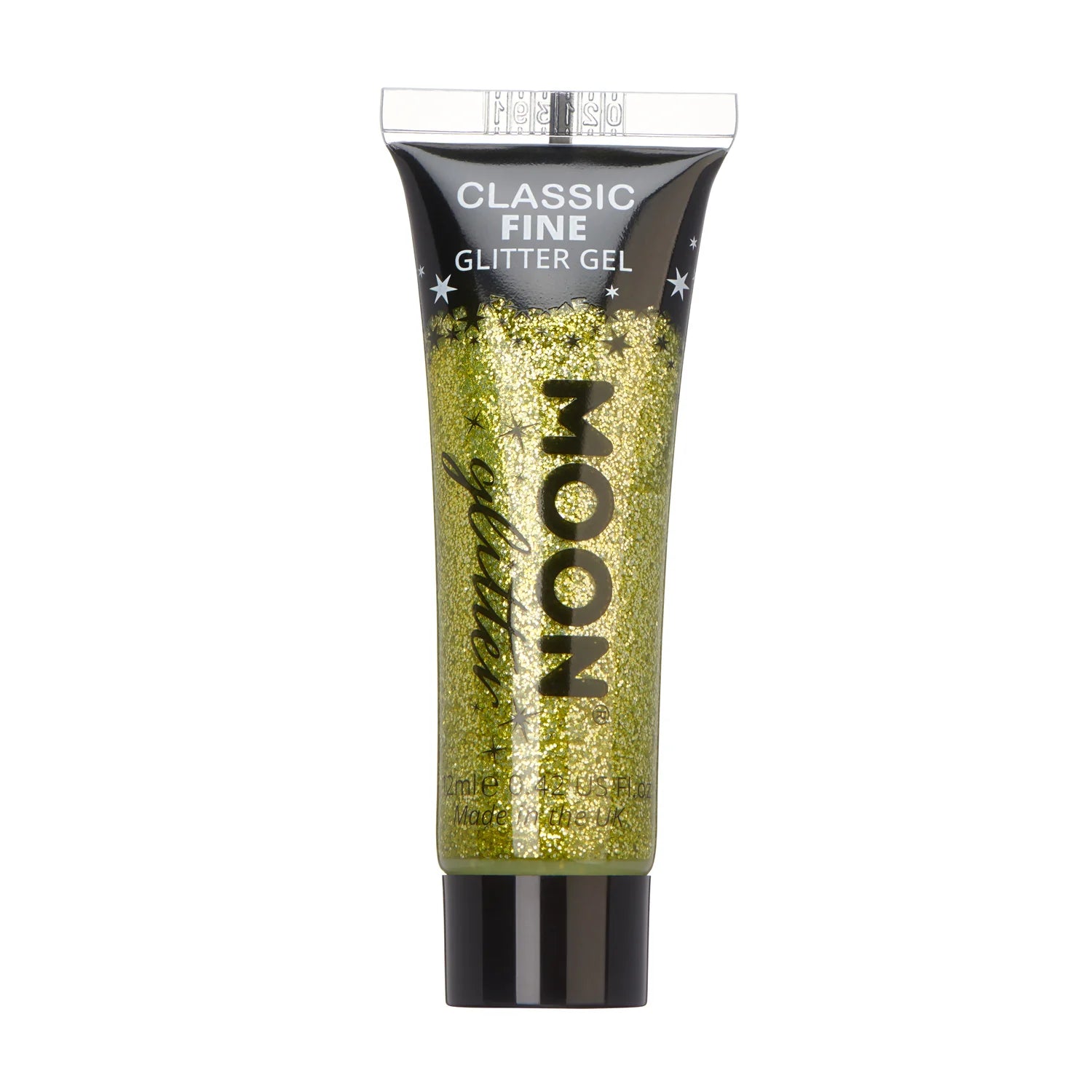 A tube of fine gold glitter gel, with the brand name 'Moon' visible on the label.