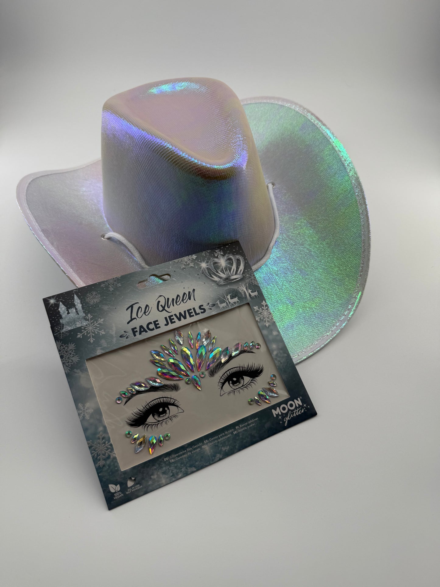 pearl cowboy hat and ice queen face jewels
