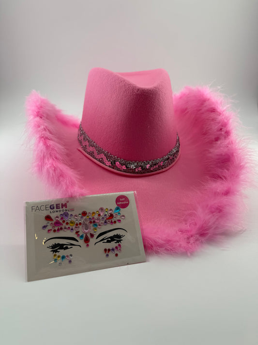 pink feathered edged cowboy hat multi coloured face jewels