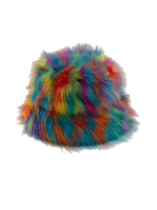 Multi colored fluffy hat on a white background