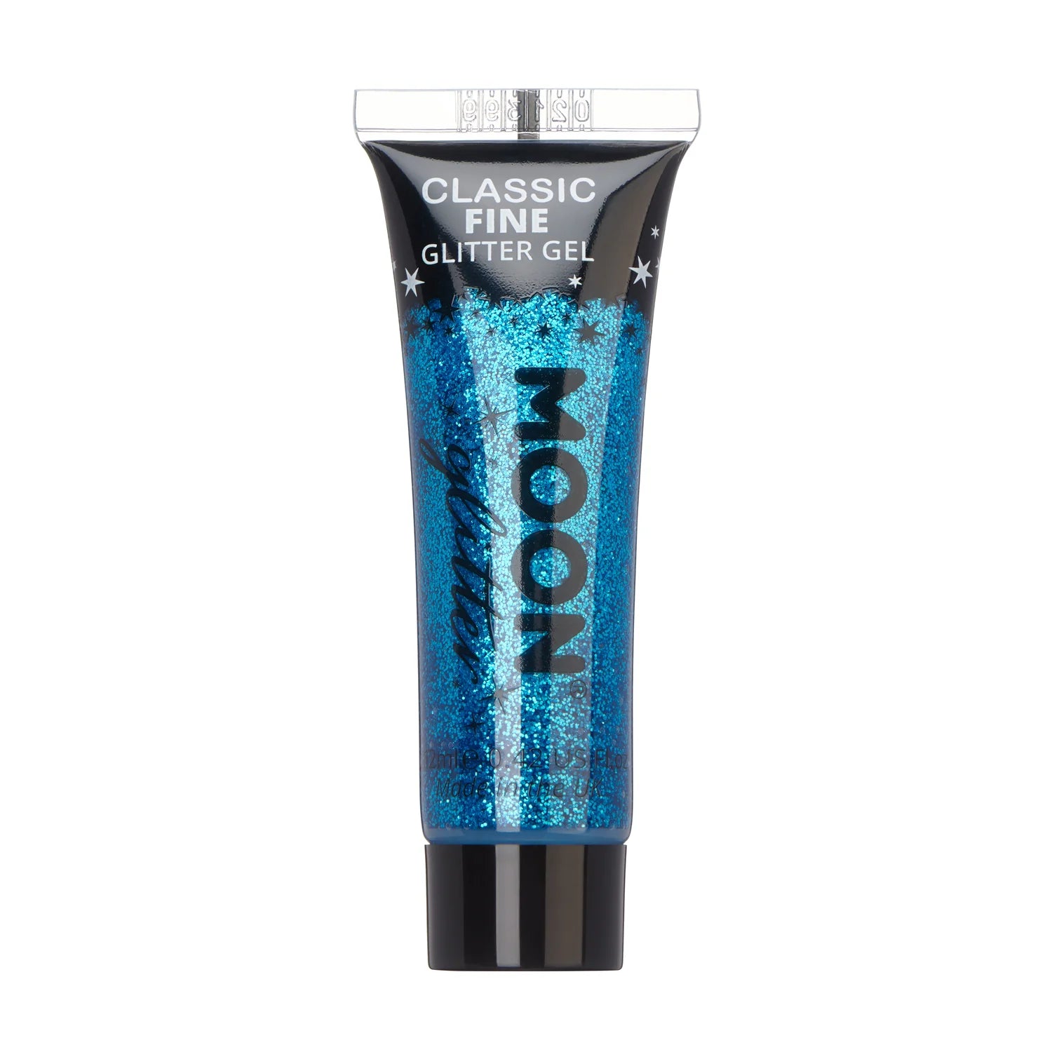 A tube of fine blue glitter gel designed for use on hair and body for sparkling effects, packaging indicates it's part of the 'Classic Fine' line.