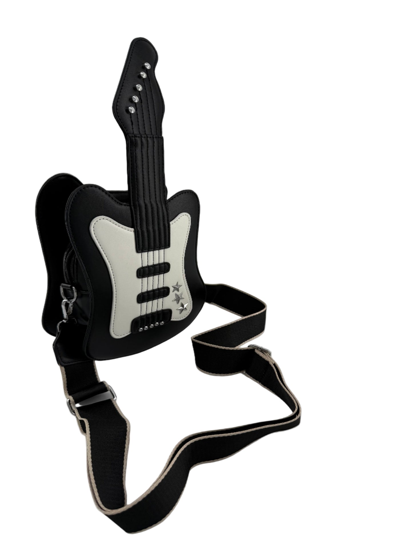 Black and white electric guitar shaped shoulder bag on a white background