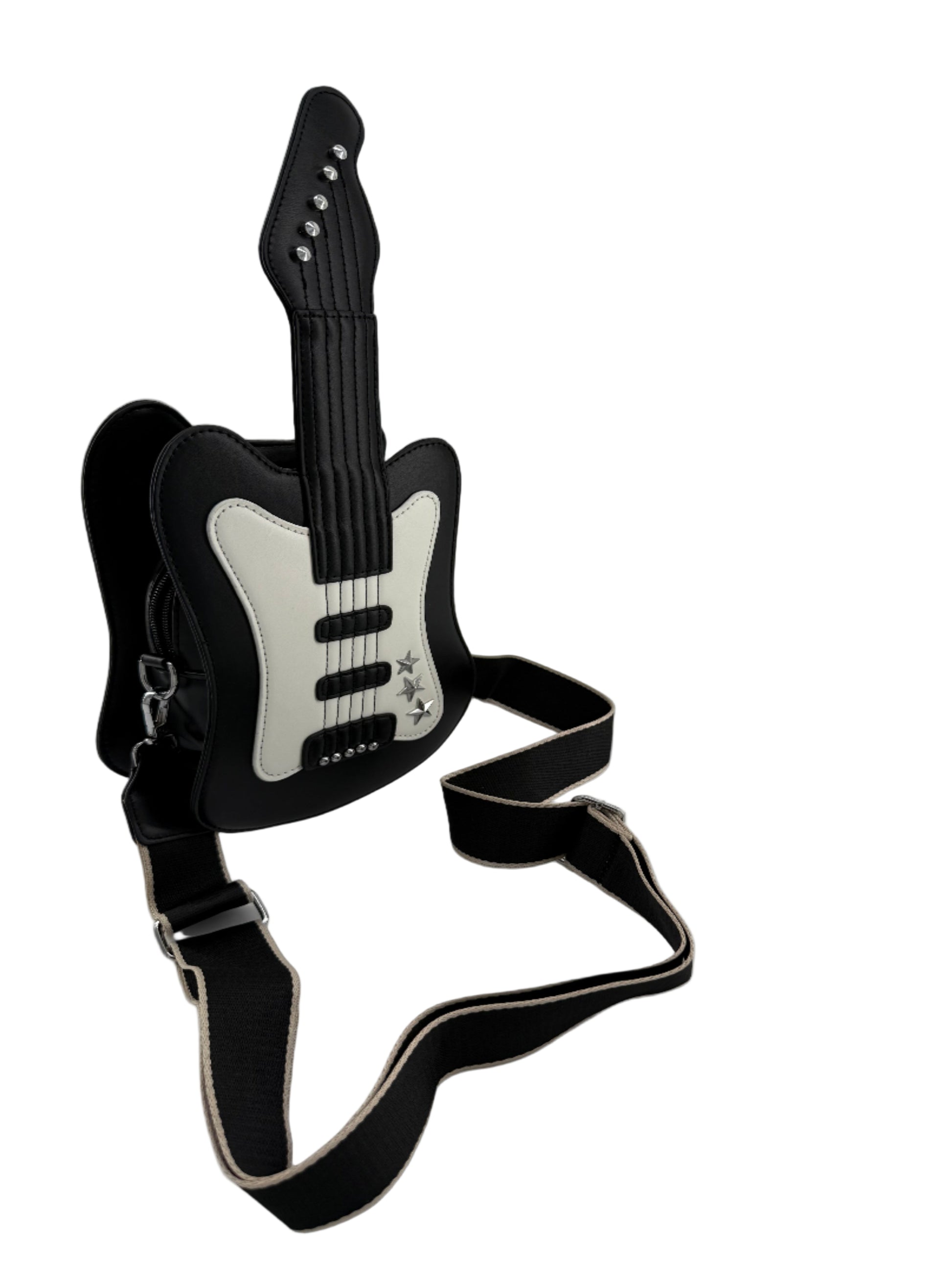 Black and white electric guitar shaped shoulder bag on a white background