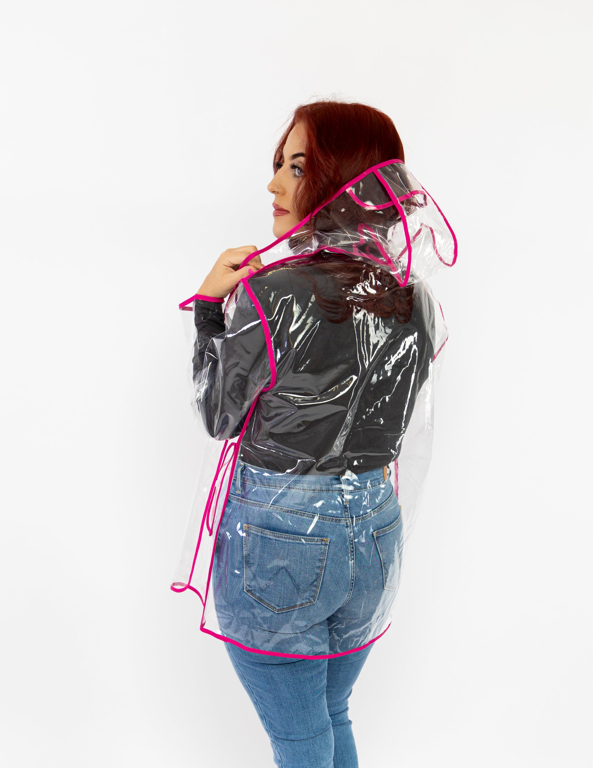 Clear Pink Plastic Jacket Clear Rain Mac Pink Edging S/M