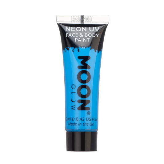 A tube of Moon brand Neon UV Face & Body Paint in blue color, with black and white text on the tube.