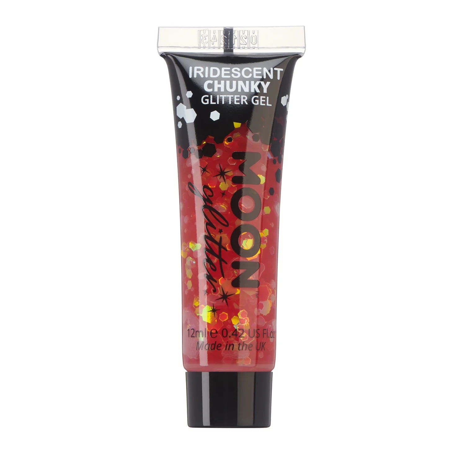 A tube of Iridescent Chunky Glitter Gel with cherry red colour and glitter visible in the tube's opening.