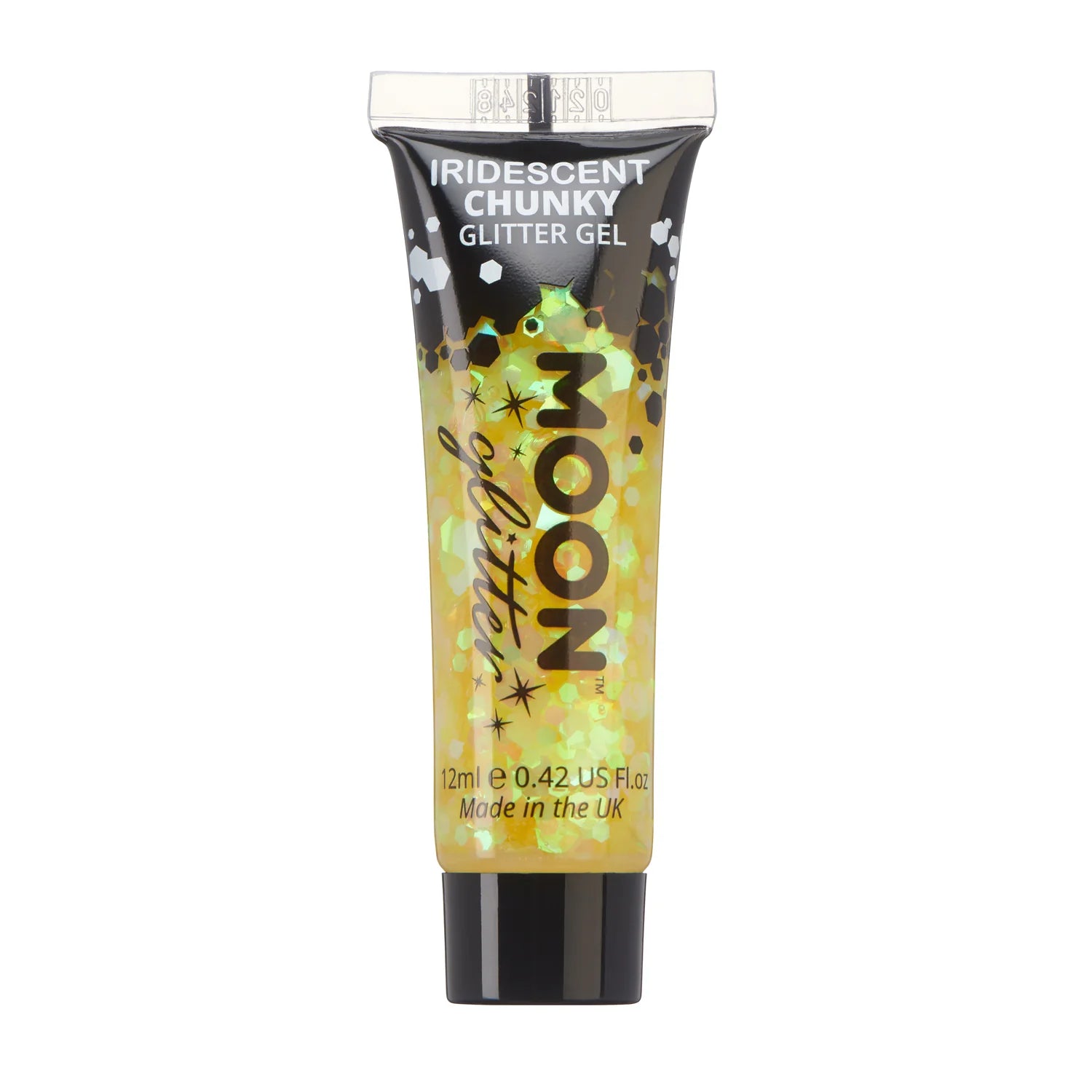 A tube of iridescent chunky glitter gel with yellow sparkles visible in the tube's opening.