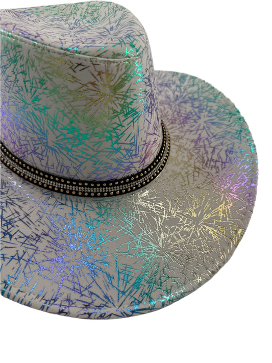 Close up image of Iridescent Cowboy Hat, white with shimmering metallic design