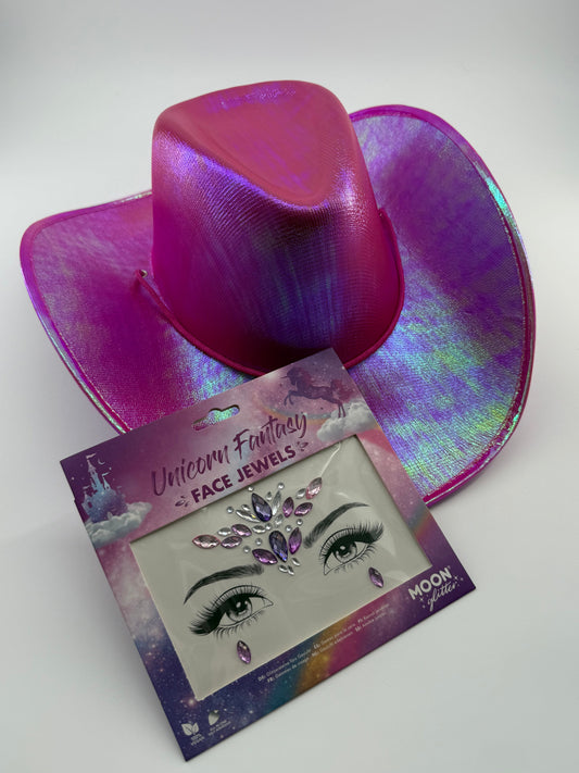 hot pink cowboy hat and unicorn fantasy face jewels