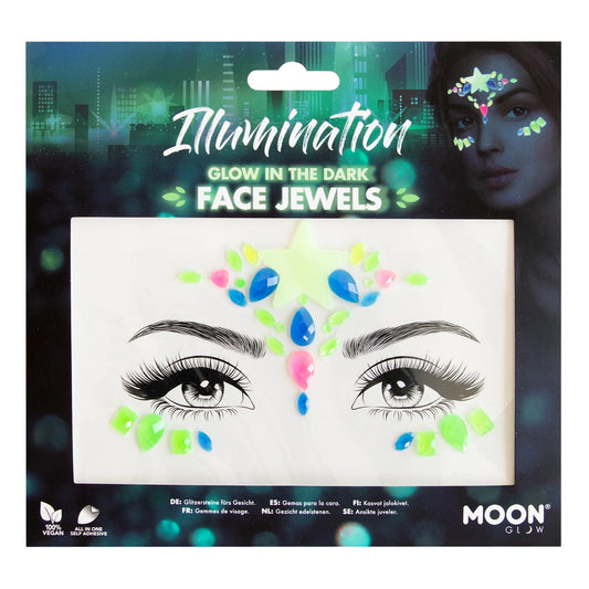 Packaging of Glow in the Dark Face Jewels with a cityscape background