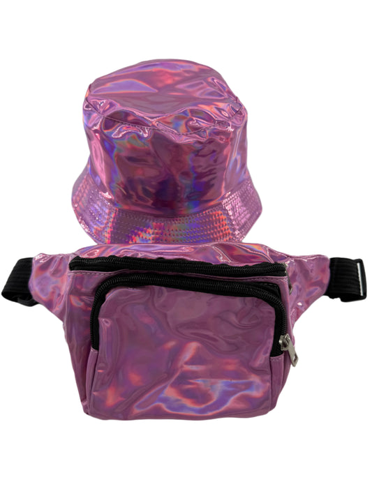 A pink holographic bum bag and bucket hat set, with a shiny, holographic finish.