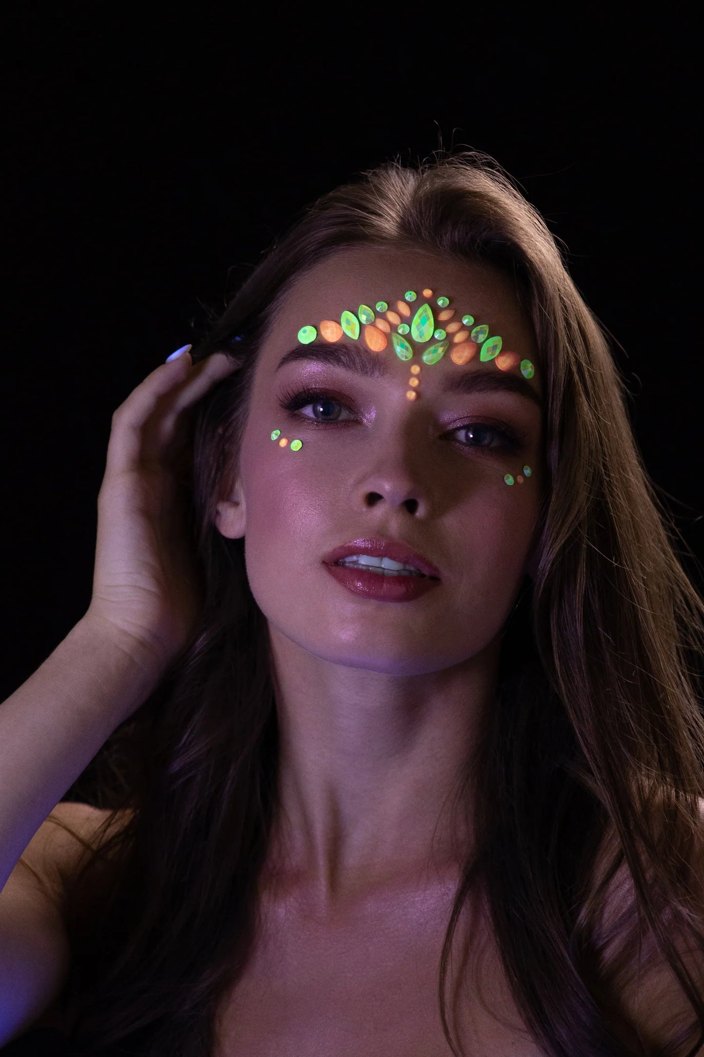 glow in the dark pink flamingo face jewels, glow in the dark pink flamingo face gems