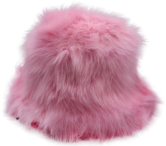 Pink fluffy bucket hat on a white background