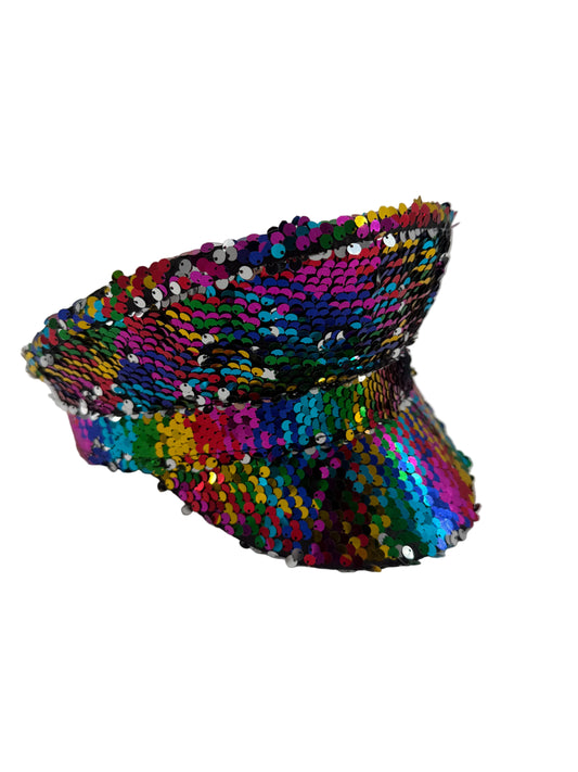 multi coloured captain hat on white backround