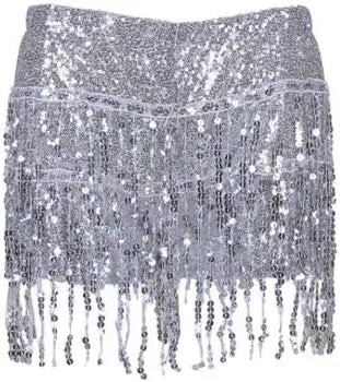 Silver sequin hot pants with fringe on a white background