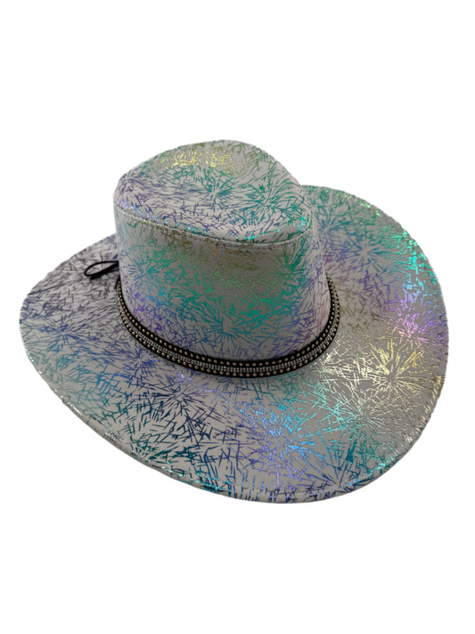 Iridescent hat with metallic shimmer flash pattern on a white background